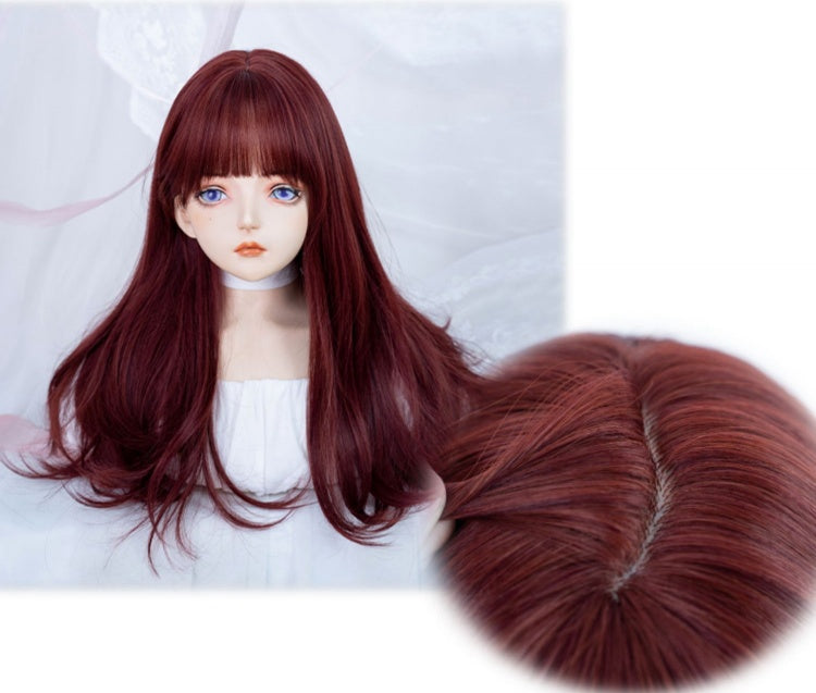 Dark Red Long Wavy Synthetic Wig with Full Bangs