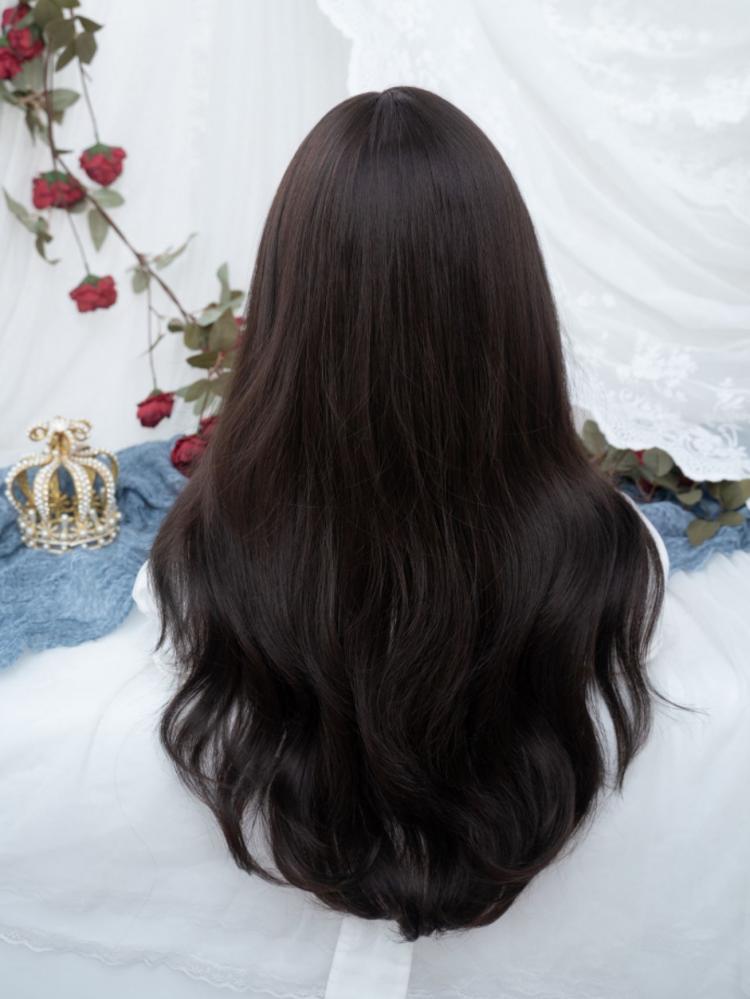 Black Tea Long Wavy Synthetic Wig with Full Bangs