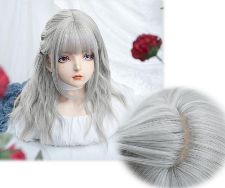 Silver Long Wavy Synthetic Wig with Full Bangs