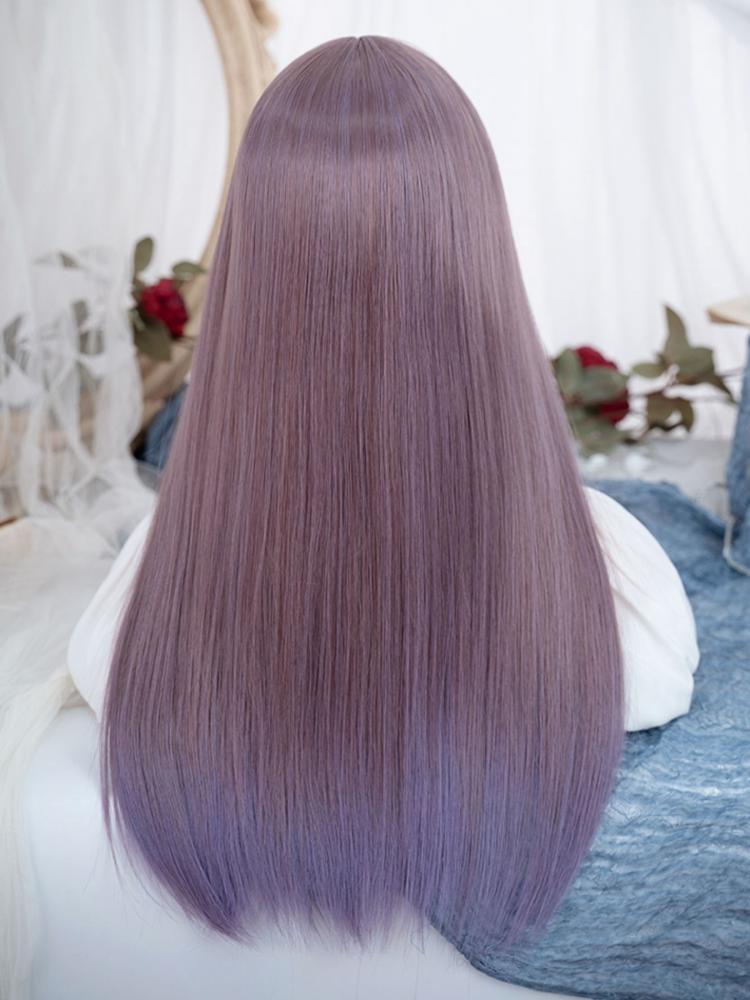 Purple Highlight Hair Color Medium Length Synthetic Straight Wig with Full Bangs