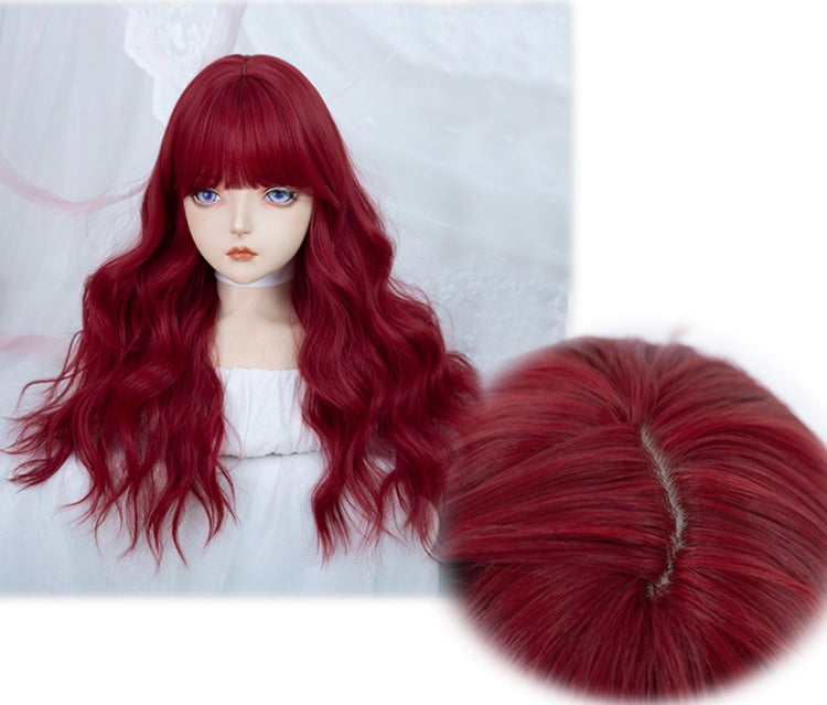 Red Long Wavy Synthetic Wig with Full Bangs