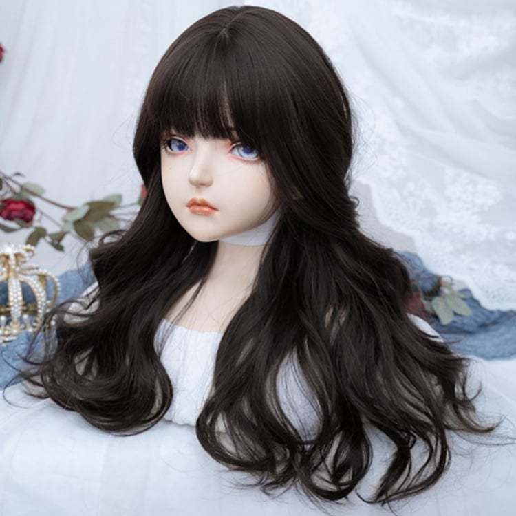 Black Tea Long Wavy Synthetic Wig with Full Bangs