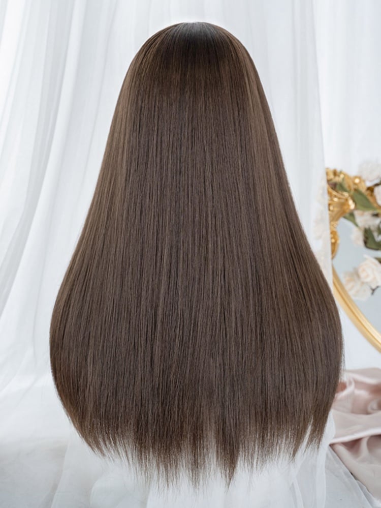 Dark Brown Medium Length Synthetic Straight Wig with Full Bangs