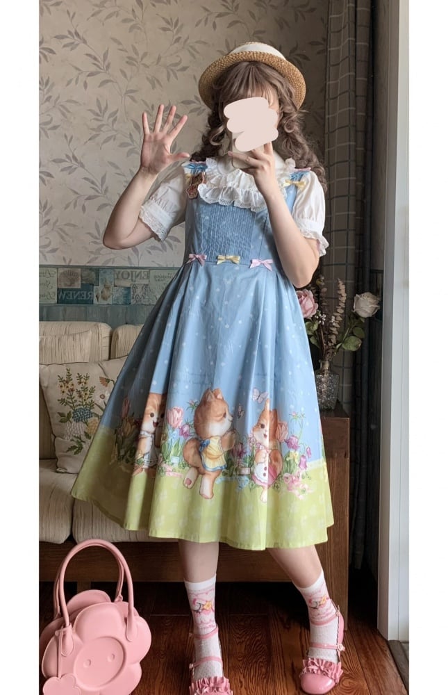 Blue Cat Print Lace Trim Bowknot Details Jumper Skirt