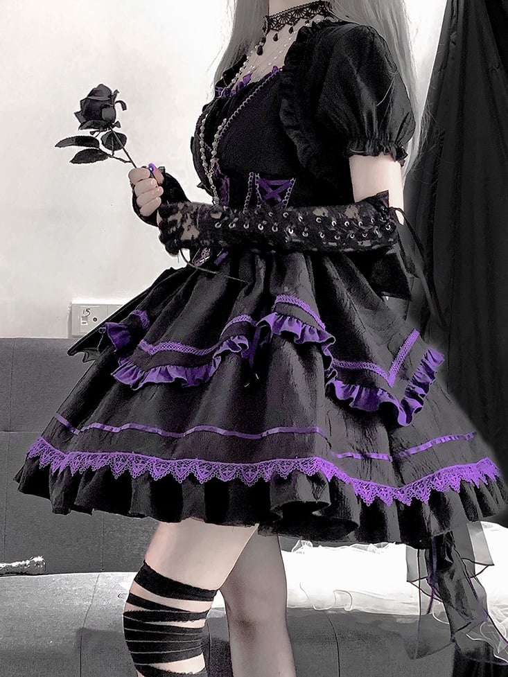 Black and Purple Lace-up Detail Gothic Jumper Skirt With Bow Train Halloween Dress