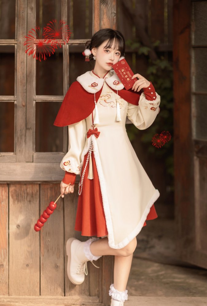 Auspicious Clouds Embroidey Plush Trim Hemline Qi Lolita Dress + Cape Set