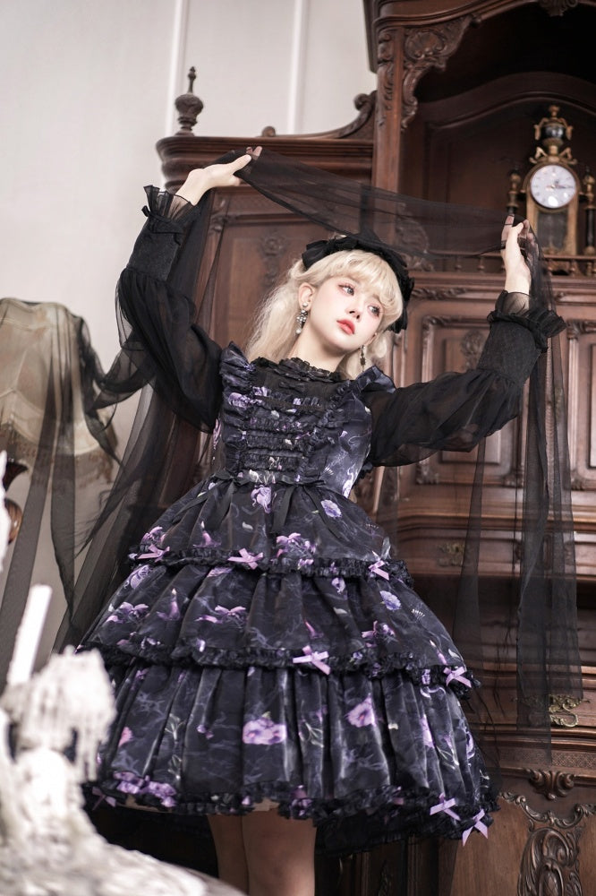 Black and Purple Fake Two-pieces Design Floral Print Ruffle Bodice Long Sleeves Lolita OP