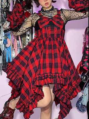 Scarlet Red Plaid Punk Jumper Skirt Handkerchief Hem Idol Dress