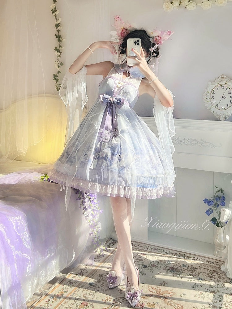 Clearance- Size S for Bust 80-86cm Purple Swan Castle Floral Print Banded Collar Ruffle Hemline Lolita JSK