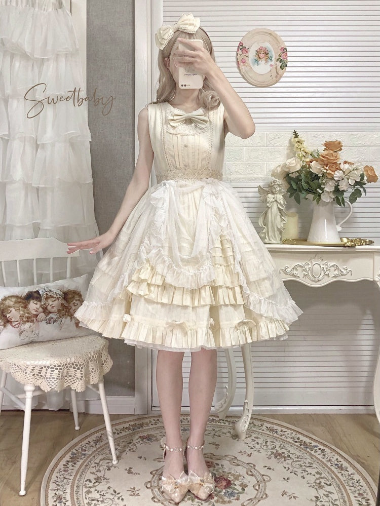 Girl Nelly Beige Tiered Ruffle Hem Round Neck High Waist Jumper Skirt