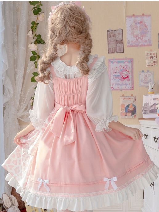 Claw Planet Pink Bowknot Details High Waist Ruffle Hem Jumper Skirt