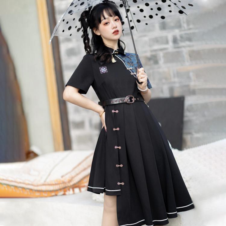 Asymmetrical Hem Skirt Black One Piece Short Sleeves Qi Dress