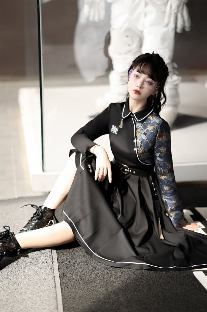 Asymmetrical Hem Skirt Black One Piece Long Sleeves Qi Dress