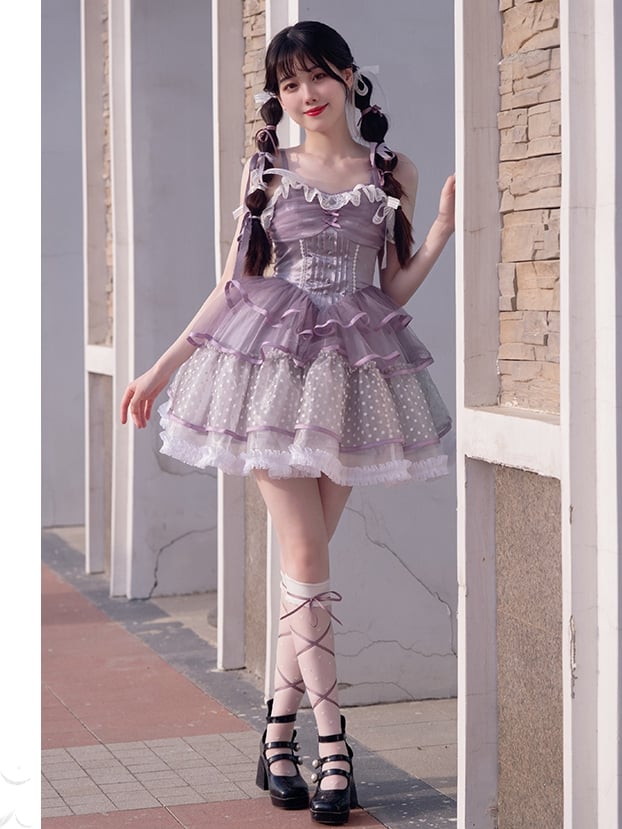 Purple Tiered Skirt Basque Waist Jumper Skirt