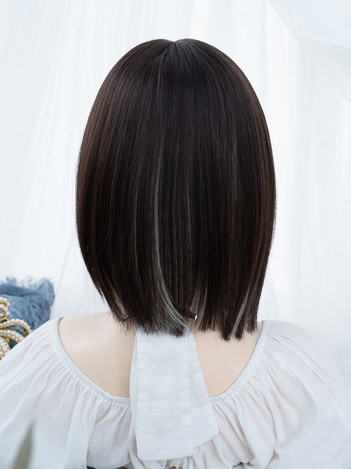 Black Brown and Grey Highlight Hair Color Bob Cut Straight Synthetic Wig