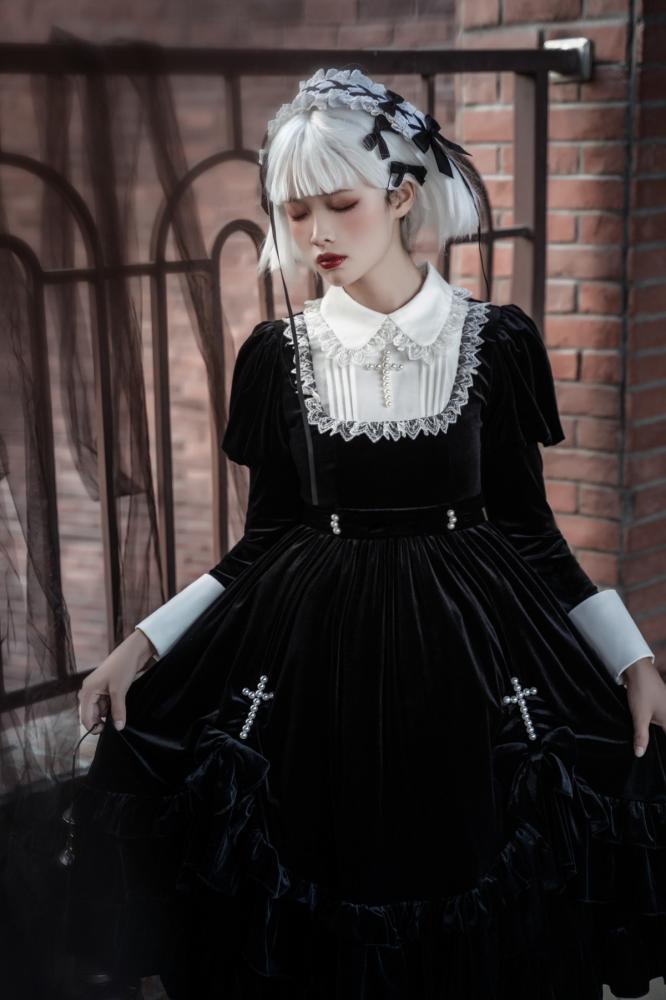 Cross Beads Decorative Bowknot Details Flounce Hem Long Sleeves Lolita OP