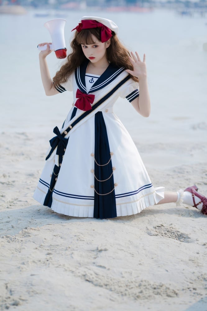 Sea Breeze Dark Blue Sailor Collar One Piece High Waist Sweet Dress with Bow Tie and Ribbon