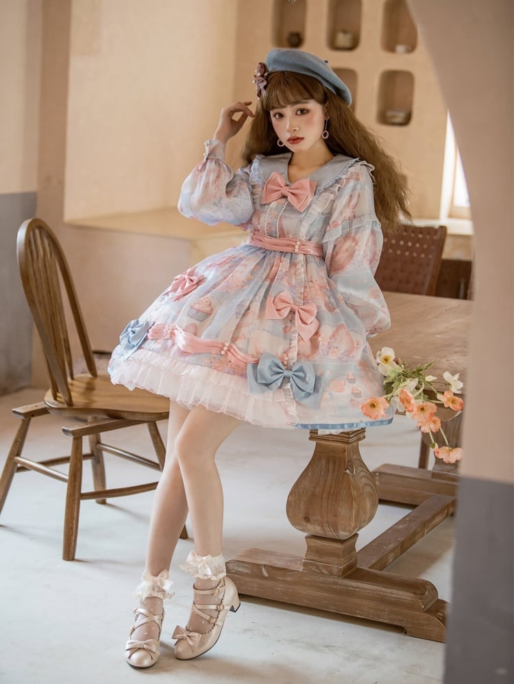 Bunny Print Light Blue Sweet Dress Long Sleeves One Piece