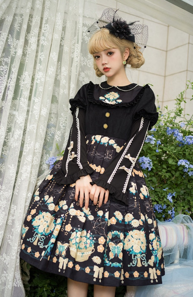 Flower Courtyard Peter Pan Collar Floral Print Pleated Skirt Long Sleeves One Piece