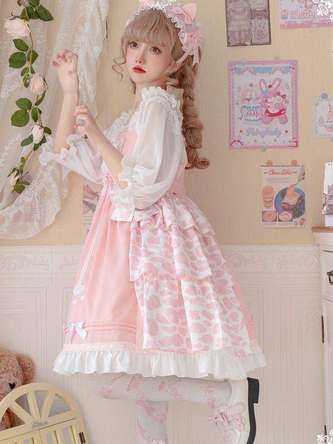 Claw Planet Pink Bowknot Details High Waist Ruffle Hem Jumper Skirt