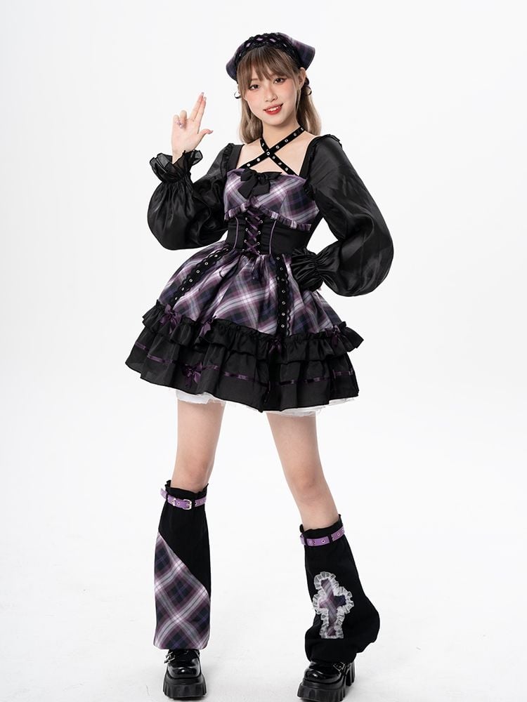 Halter Neck Lace-up Detail Purple Plaid Long Sleeves One Piece Idol Dress