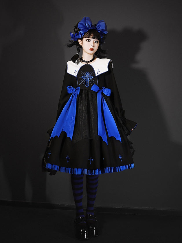 Black and Klein Blue Cross Embroidery Ruffle Hemline Long Sleeves Lolita OP