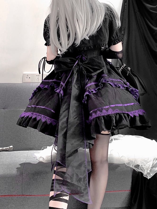 Black and Purple Lace-up Detail Gothic Jumper Skirt With Bow Train Halloween Dress