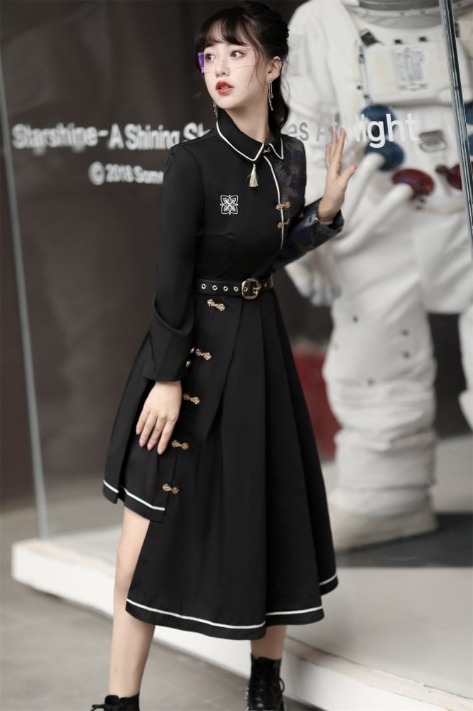 Asymmetrical Hem Skirt Black One Piece Long Sleeves Qi Dress