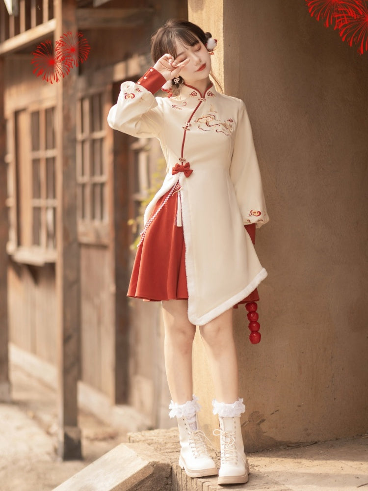 Auspicious Clouds Embroidey Plush Trim Hemline Qi Lolita Dress + Cape Set