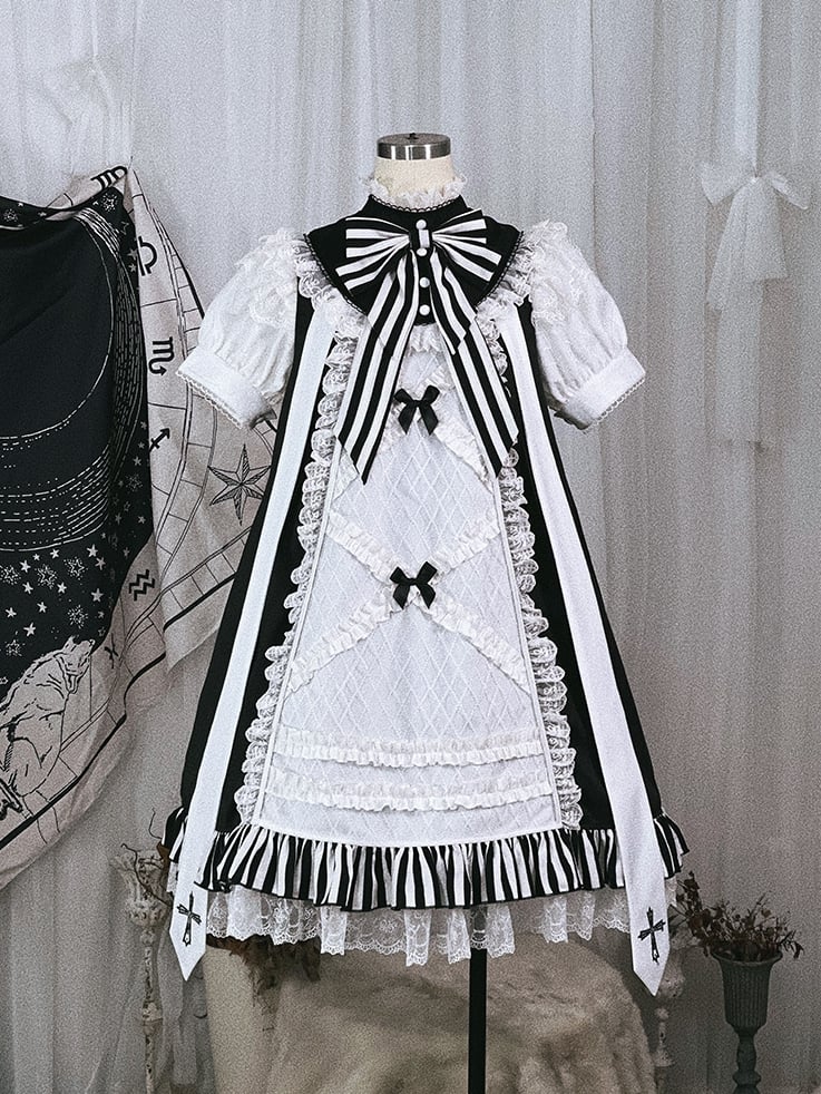 Black and White Gothic Dress with Striped Ruffle Hem