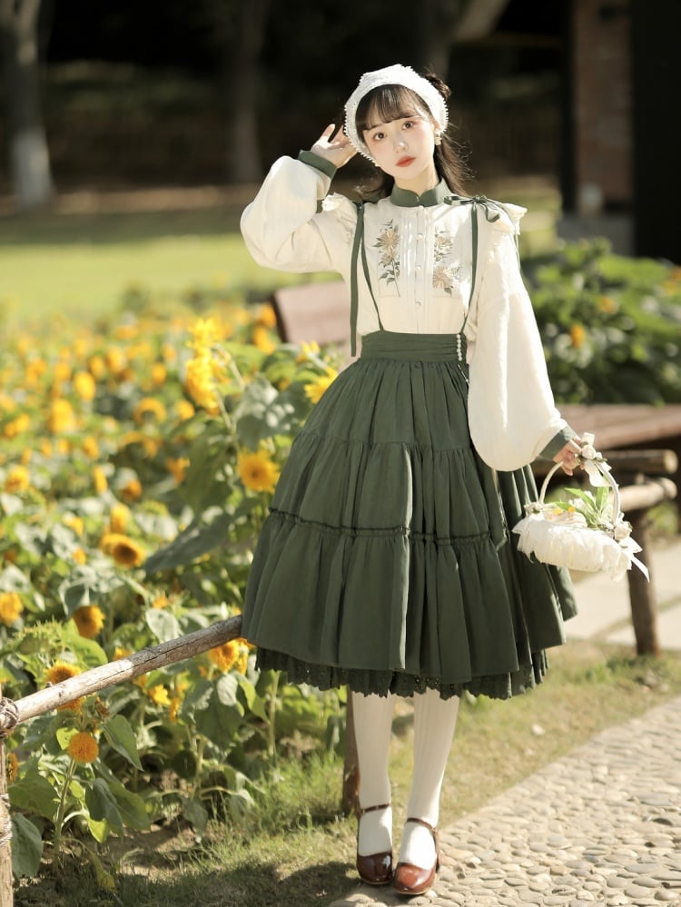 Beige Sunflowers Embroidery Blouse + Green Tiered Skirt with Sunflower Charm Set