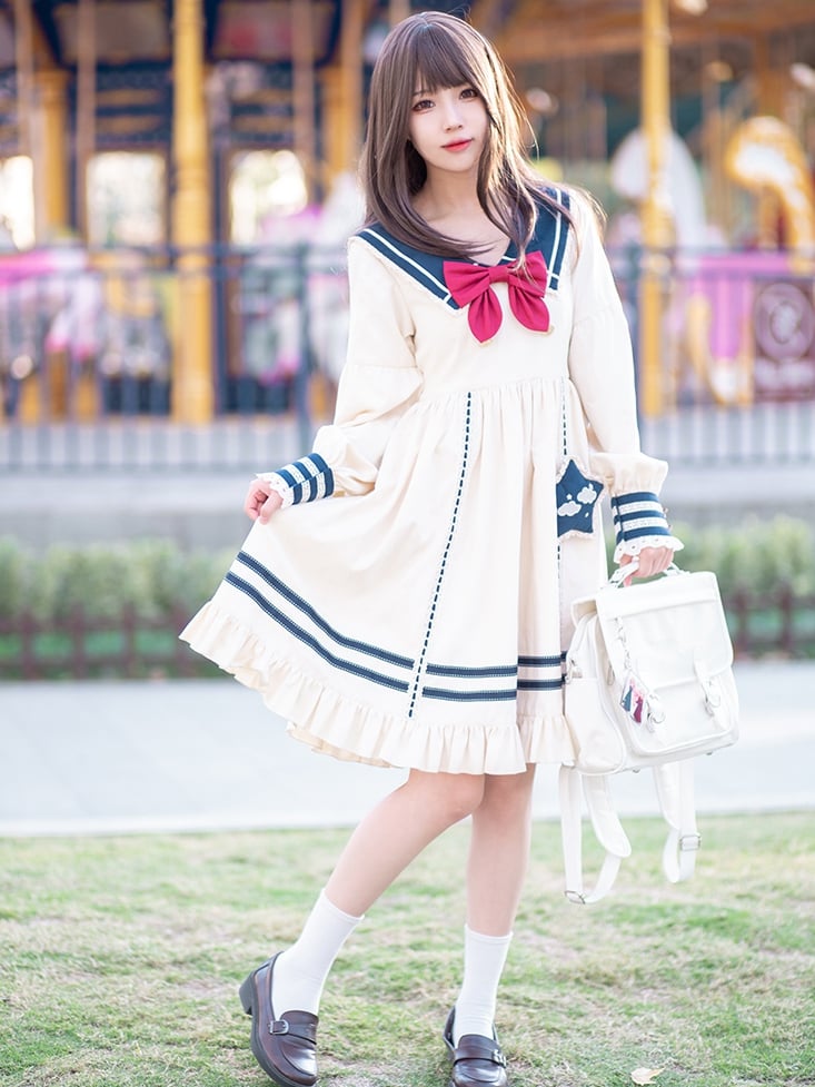 Cloud Embroidery Sailor Collar Dress Beige and Dark Blue One Piece