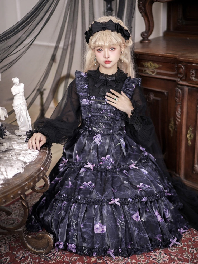 Black and Purple Fake Two-pieces Design Floral Print Ruffle Bodice Long Sleeves Lolita OP