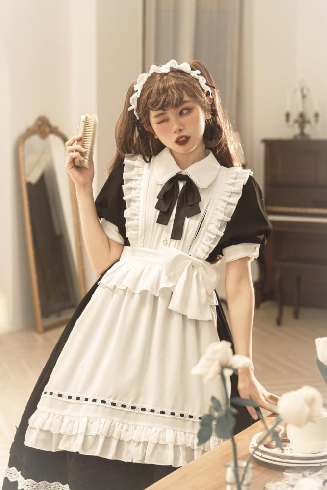 Black High Waist One Piece Maid Style Dress with Detachable Apron Short Sleeves Version