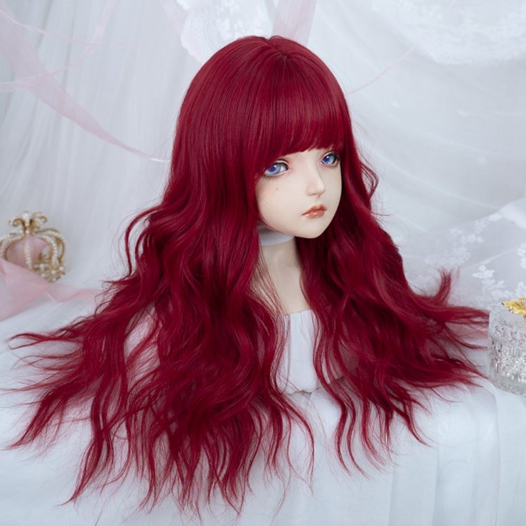 Red Long Wavy Synthetic Wig with Full Bangs