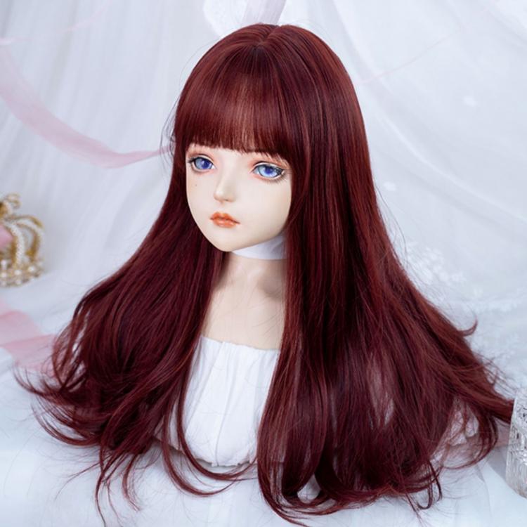 Dark Red Long Wavy Synthetic Wig with Full Bangs