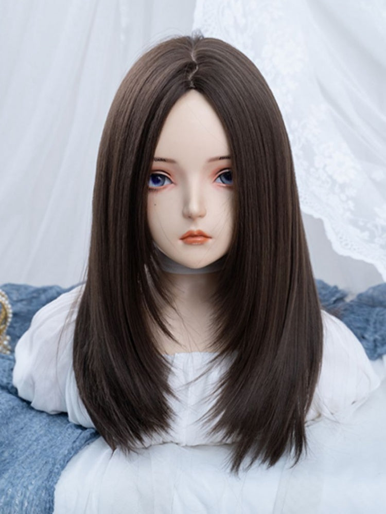 Brown Medium Length Layered Cut Realistic Parting Synthetic Straight Wig