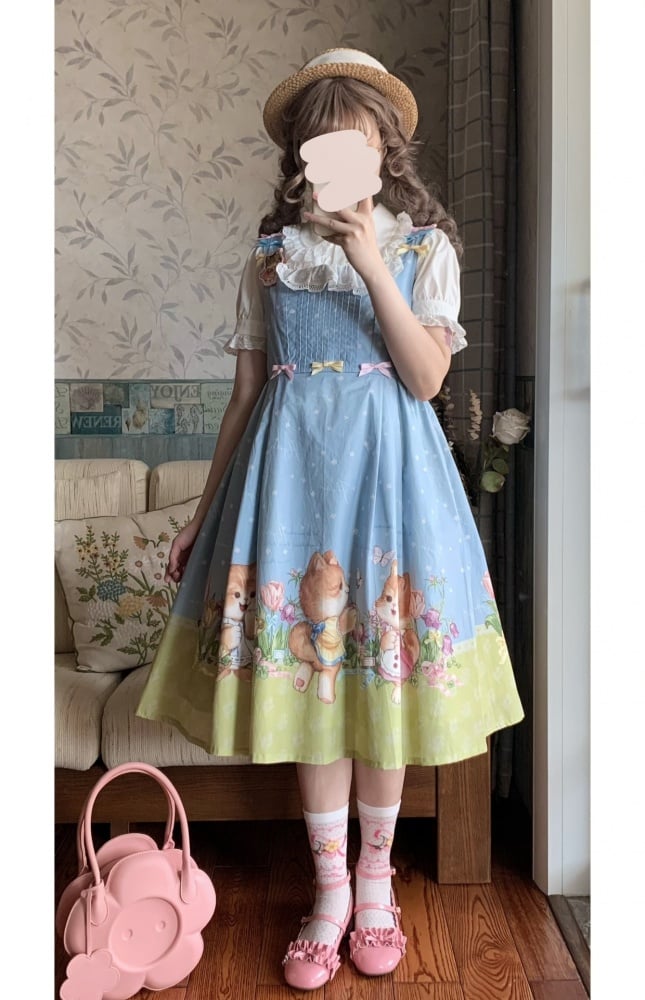 Blue Cat Print Lace Trim Bowknot Details Jumper Skirt