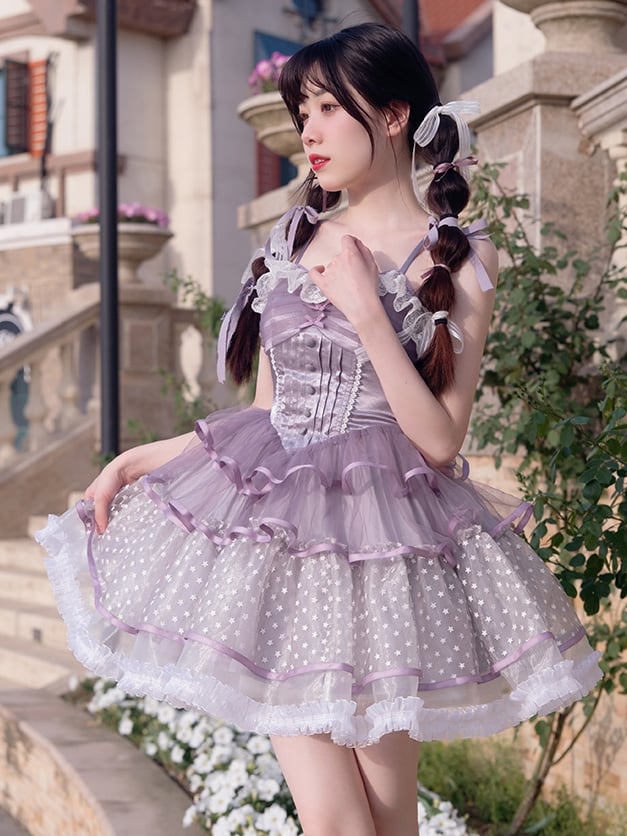 Purple Tiered Skirt Basque Waist Jumper Skirt