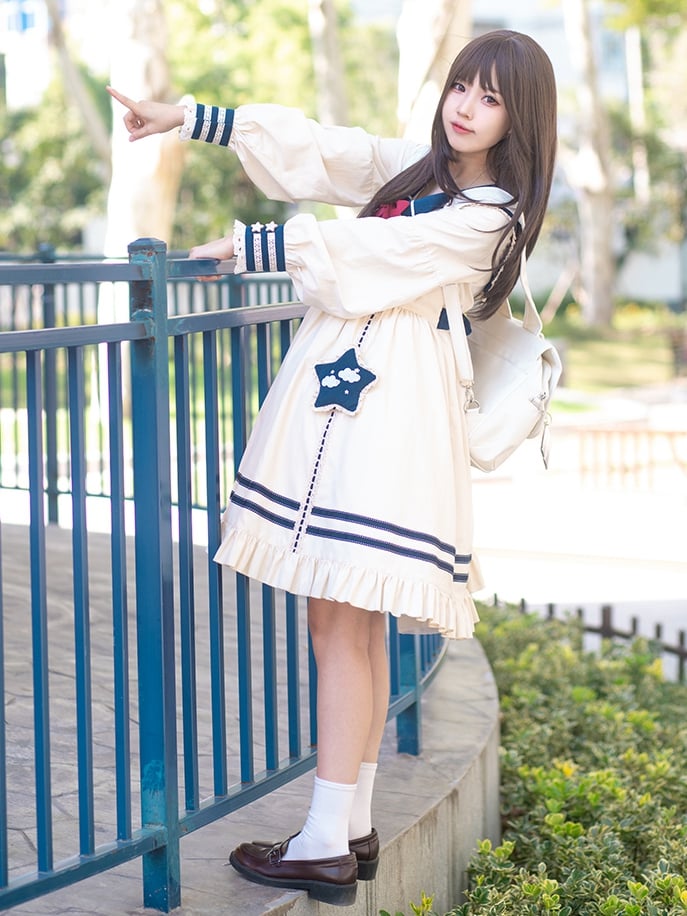 Cloud Embroidery Sailor Collar Dress Beige and Dark Blue One Piece