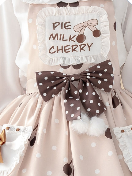 Cherry Milk Pie Bowknot Details High Waist Ruffle Hem Dress