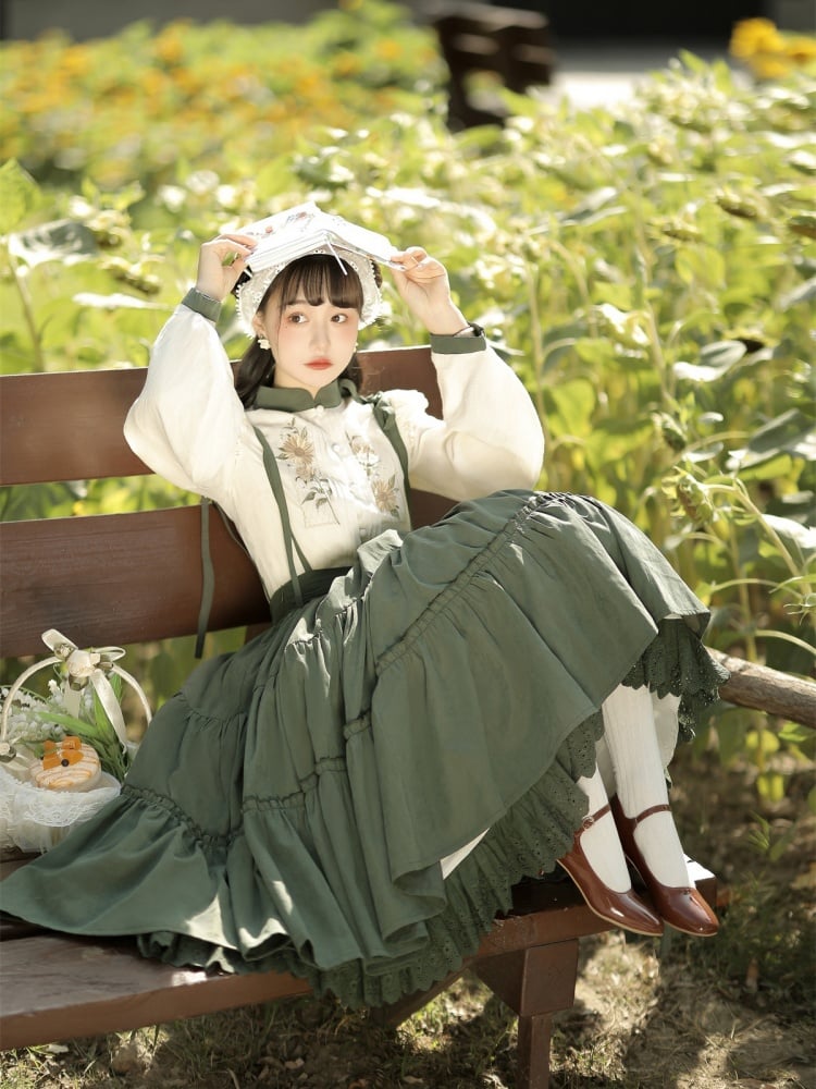 Beige Sunflowers Embroidery Blouse + Green Tiered Skirt with Sunflower Charm Set