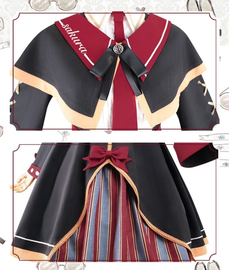 Harry Potter Gryffindor Inspired Halloween Outfits Full Set-Black One Piece+Cape+Bow Tie and Red Tie