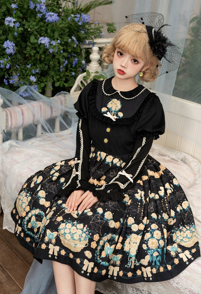 Flower Courtyard Peter Pan Collar Floral Print Pleated Skirt Long Sleeves One Piece