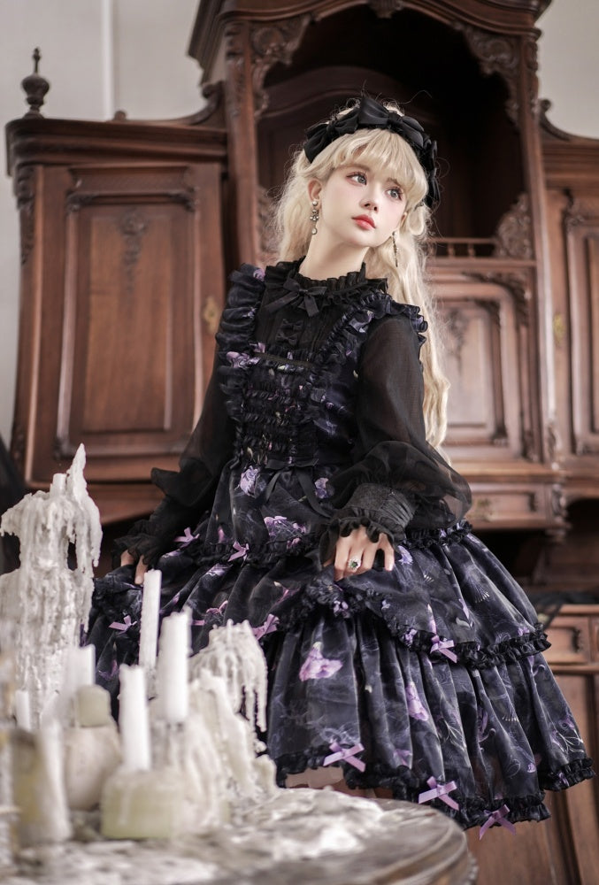 Black and Purple Fake Two-pieces Design Floral Print Ruffle Bodice Long Sleeves Lolita OP