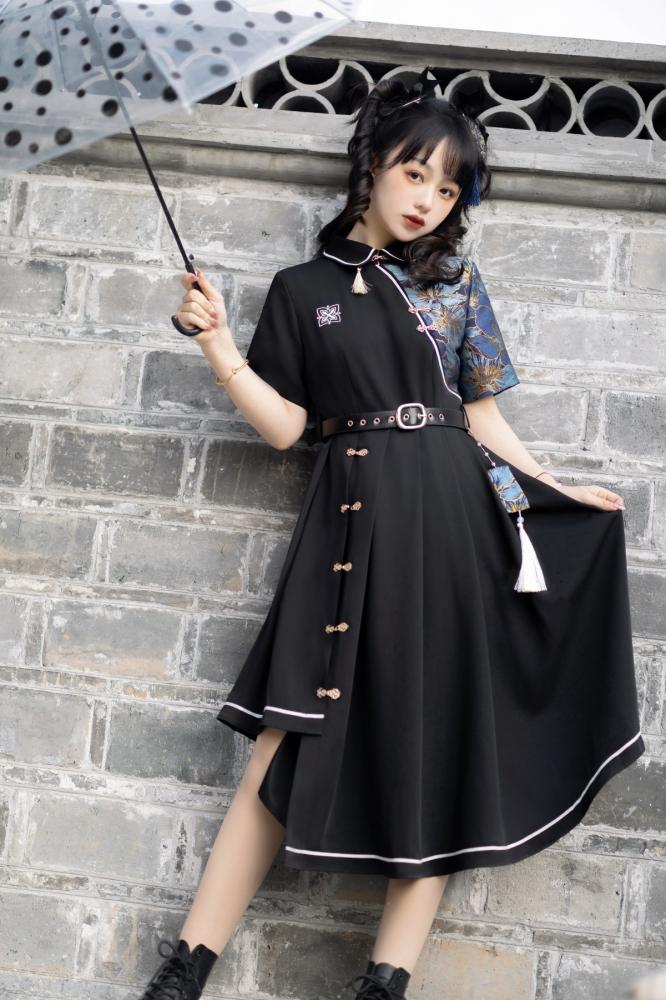 Asymmetrical Hem Skirt Black One Piece Short Sleeves Qi Dress