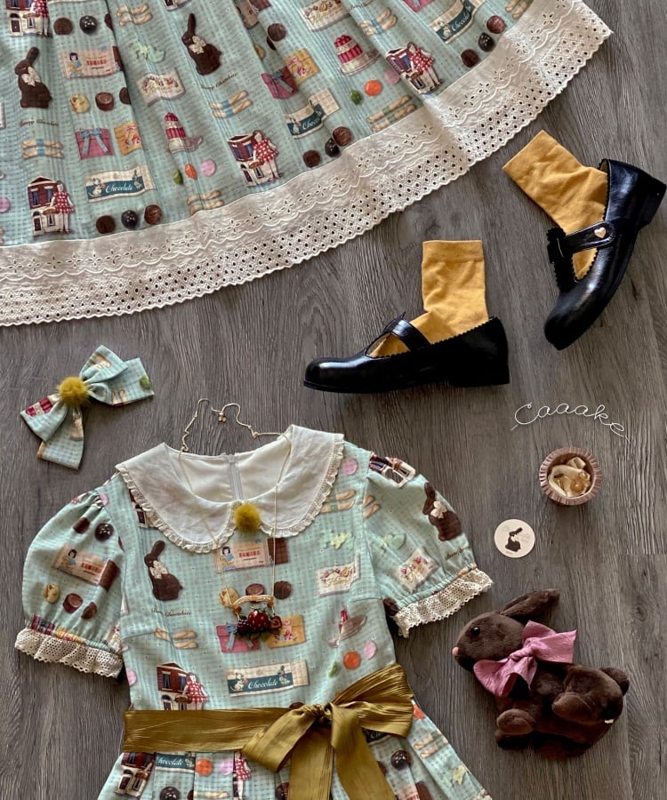 Bunny Chocolate Print Sweet One Piece Peter Pan Collar