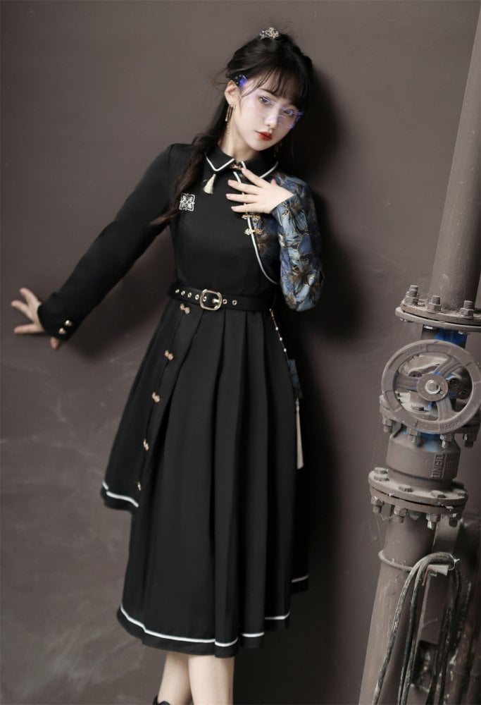 Asymmetrical Hem Skirt Black One Piece Long Sleeves Qi Dress