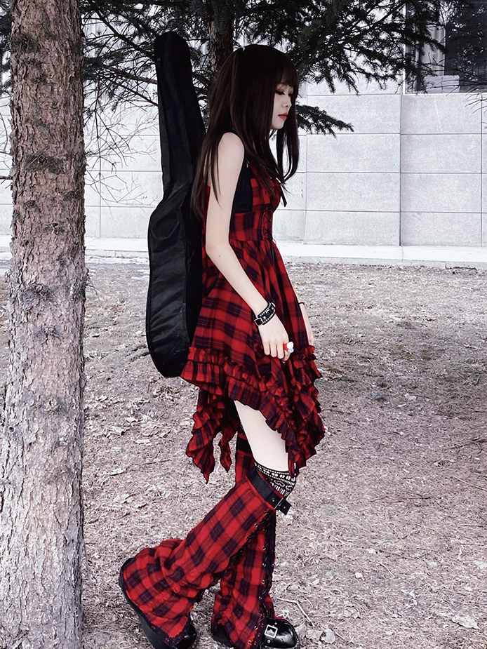 Scarlet Red Plaid Punk Jumper Skirt Handkerchief Hem Idol Dress