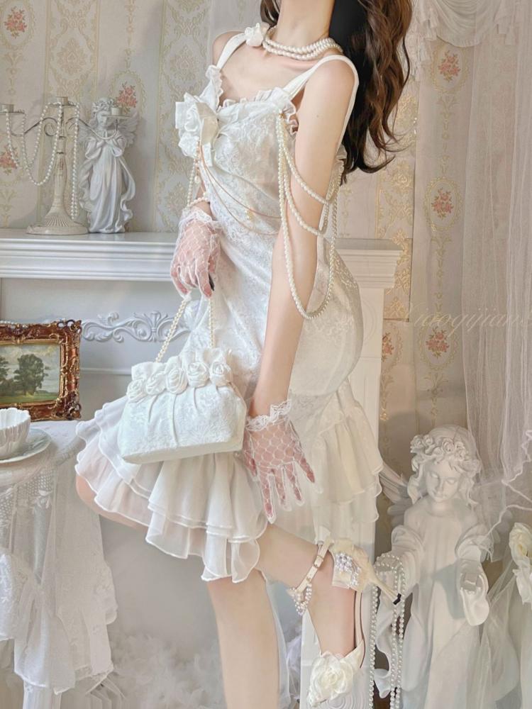 Camellia White Jacquard Rose Decoration Bead Detail Ruffle Mermaid Hemline Lolita JSK